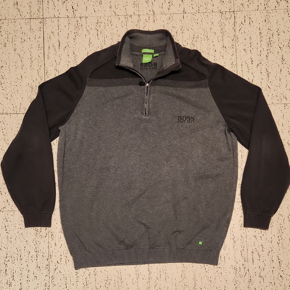 Hugo Boss Grey Embroidered Logo 1/4 Zip Knit Pullover Collar Sweater